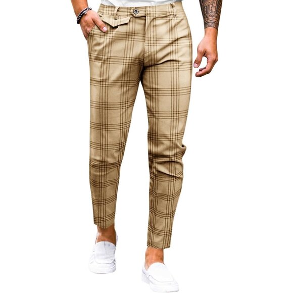 🆕 Men Brown Slim Fit Pants Flat Front Stretch Skinny Tapered Casual Trousers - Picture 1 of 6